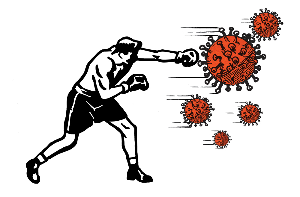 A drawing of a boxer punching a floating red virus shape